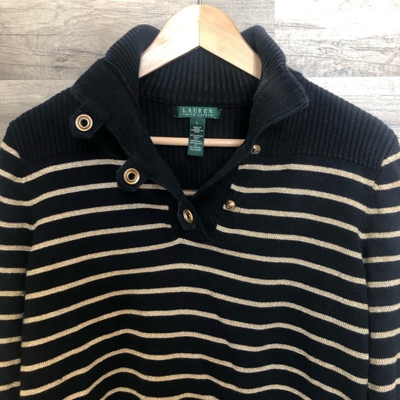 Lauren Ralph Lauren Navy  and Gold Cotton Knit  Turtleneck Sweater Large - Picture 4 of 8